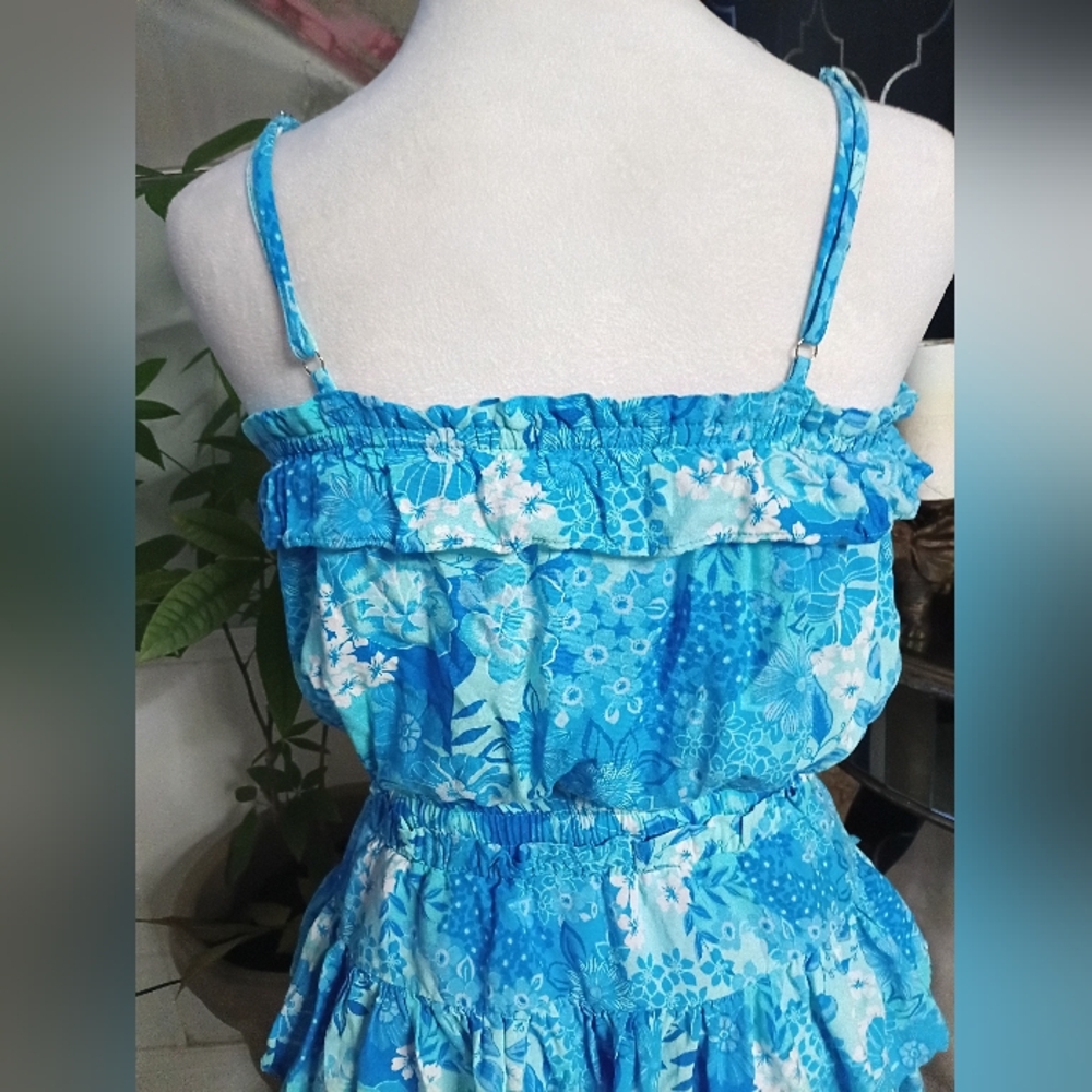 Blue Floral Ruffle Dress Rompers - Picture 7 of 14